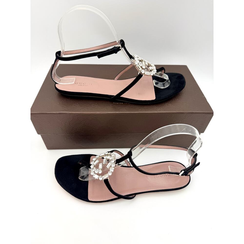 Gucci Black Suede Crystal GG Thong Sandals Size 37.5 / 7 Flat T-strap Gladiator - Picture 2 of 15